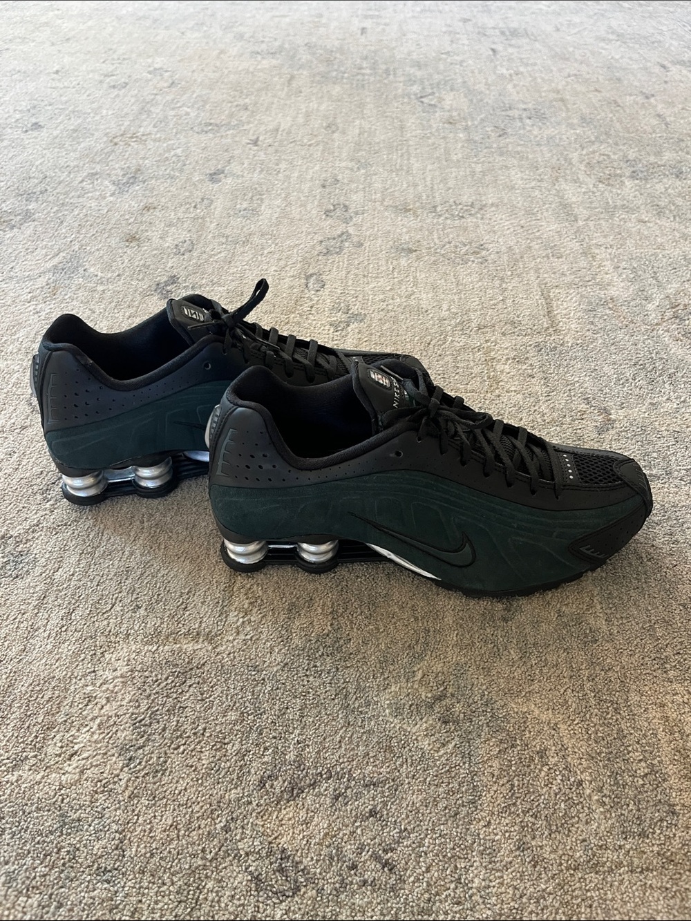Nike Shox Running Shoe in Black and Dark Green Suede with Silver Metallic